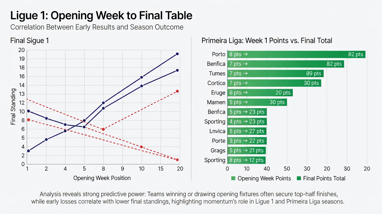 Chart comparing early season points accumulation to final league positions for selected clubs in both leagues